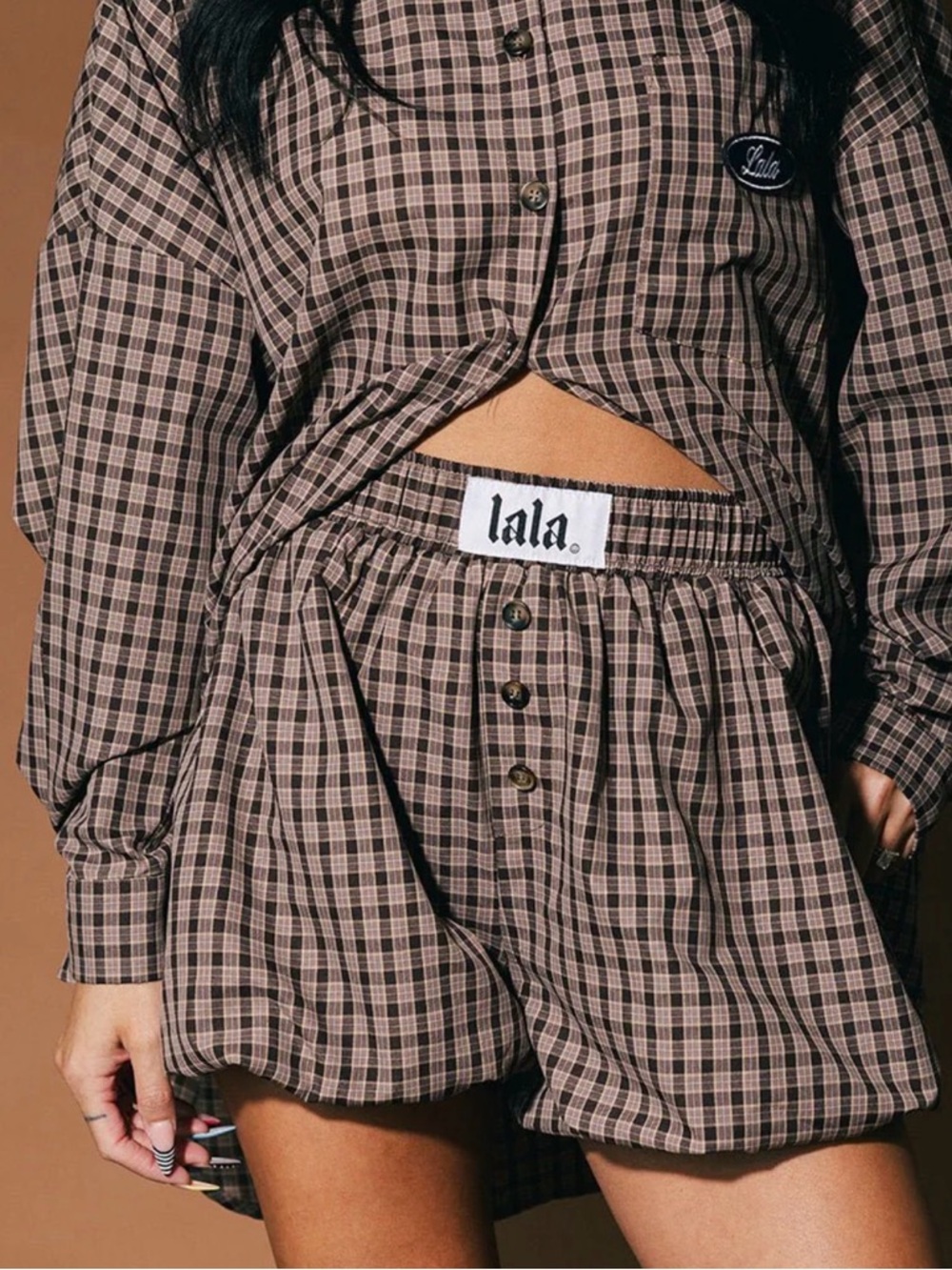 Dressed in LALA Brown Plaid High-Waist Elastic Shorts